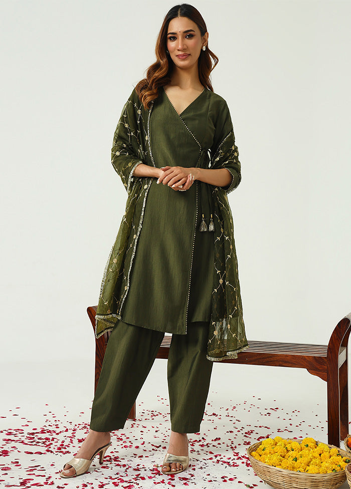 3 Pc Green Readymade Silk Dupatta Suit Set