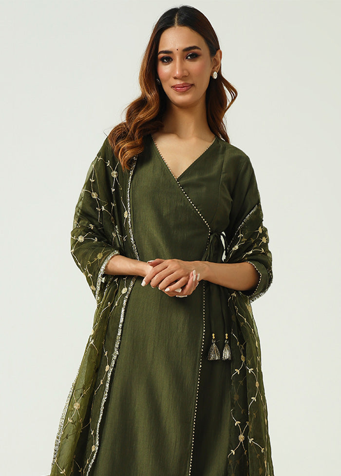 3 Pc Green Readymade Silk Dupatta Suit Set