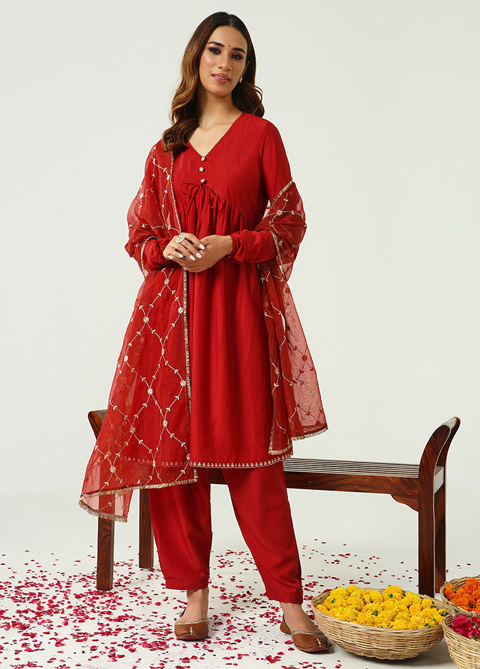 3 Pc Red Readymade Chanderi Dupatta Suit Set