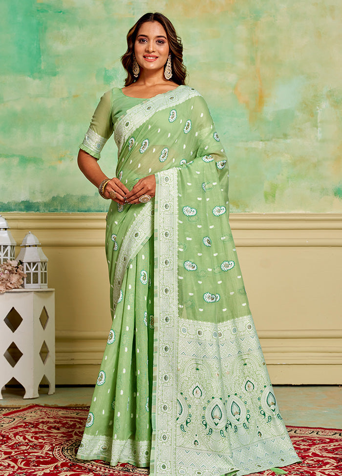 Pista Green Cotton Saree With Blouse Piece