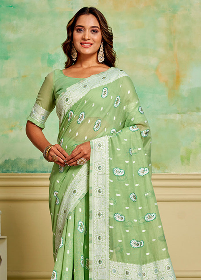 Pista Green Cotton Saree With Blouse Piece