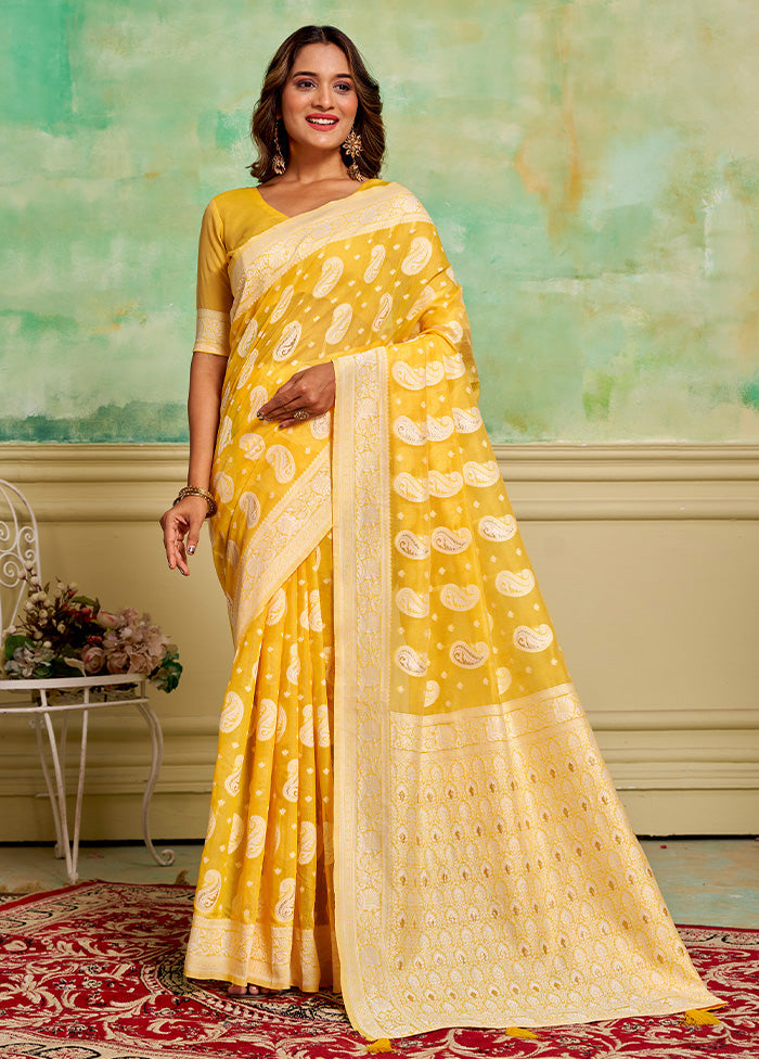 Yellow Cotton Saree With Blouse Piece