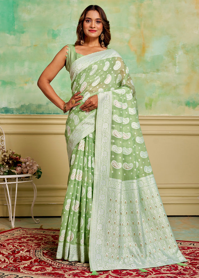 Pista Green Cotton Saree With Blouse Piece