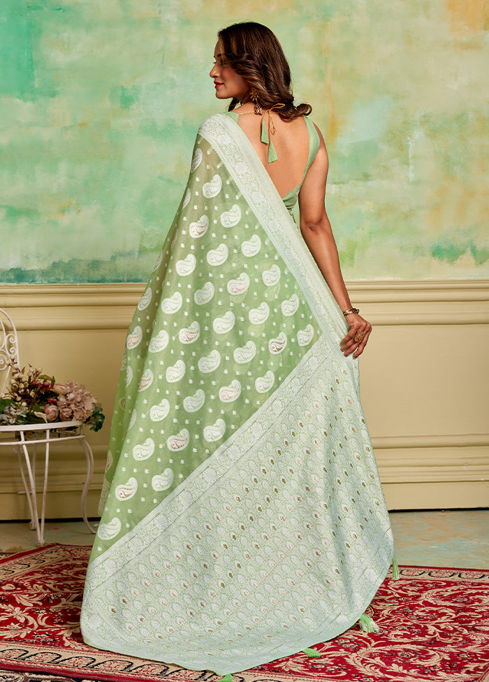 Pista Green Cotton Saree With Blouse Piece