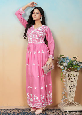 2 Pc Pink Readymade Rayon Long Kurti Set