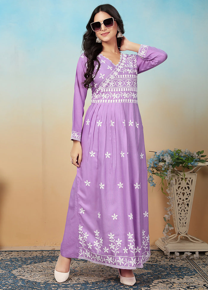 2 Pc Purple Readymade Rayon Long Kurti Set