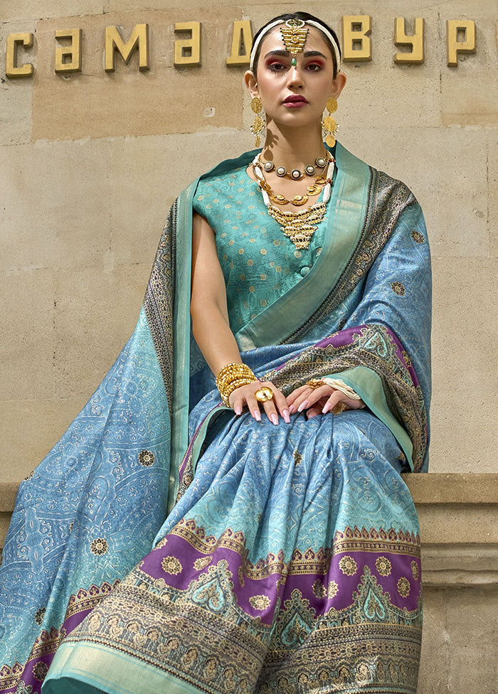 Blue Spun Silk Saree With Blouse Piece