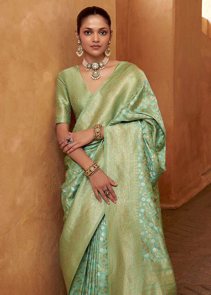 Sea Green Banarasi Silk Saree With Blouse Piece