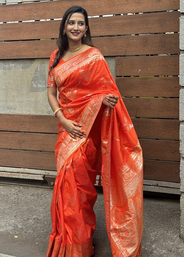 Orange Banarasi Silk Saree With Blouse Piece