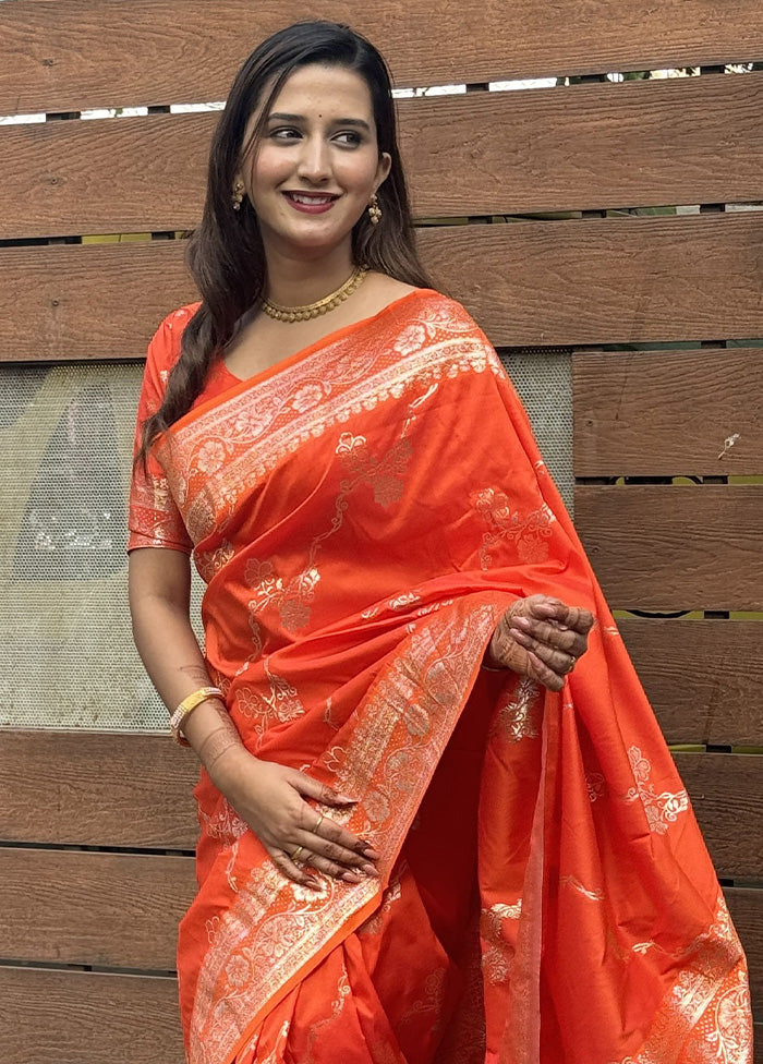 Orange Banarasi Silk Saree With Blouse Piece