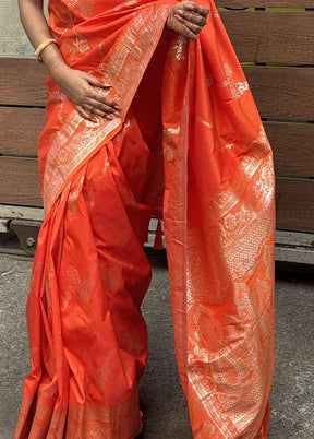 Orange Banarasi Silk Saree With Blouse Piece