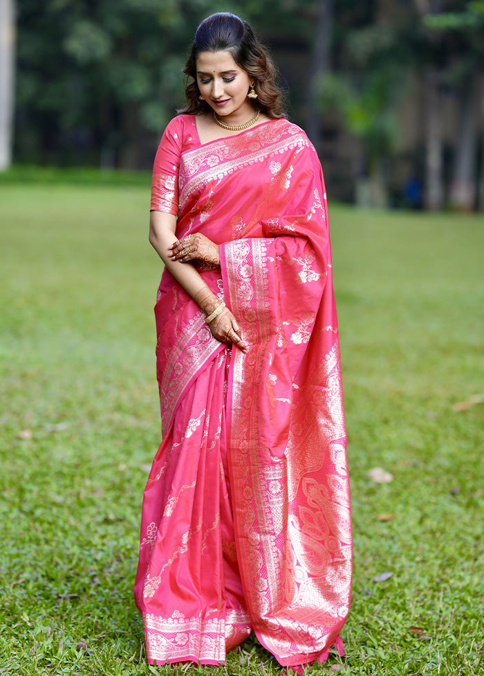 Pink Banarasi Silk Saree With Blouse Piece