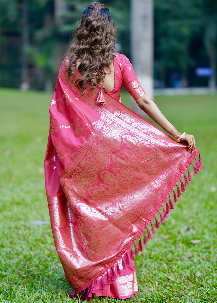 Pink Banarasi Silk Saree With Blouse Piece