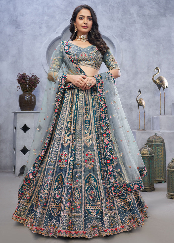 3 Pc Grey Silk Semi Stitched Lehenga Set