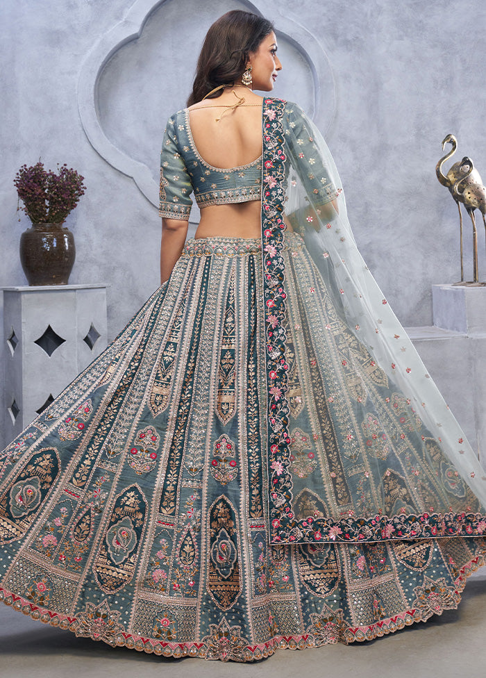 3 Pc Grey Silk Semi Stitched Lehenga Set