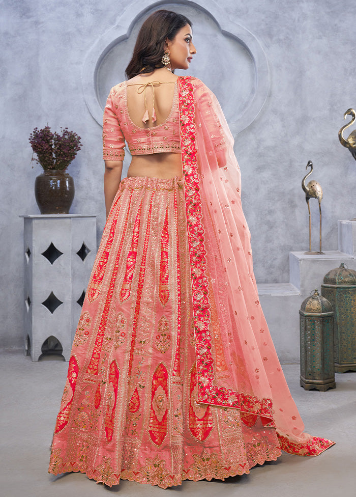 3 Pc Pink Silk Semi Stitched Lehenga Set