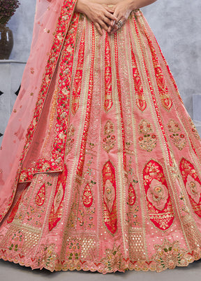 3 Pc Pink Silk Semi Stitched Lehenga Set