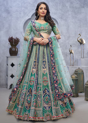 3 Pc Green Silk Semi Stitched Lehenga Set