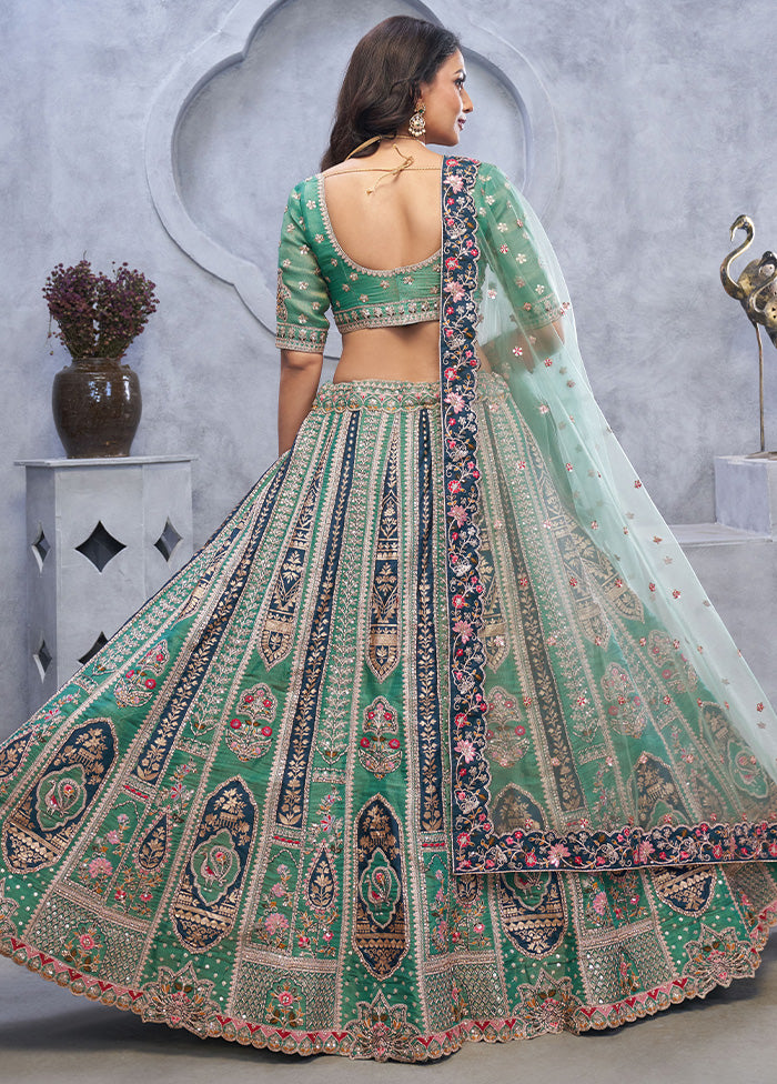 3 Pc Green Silk Semi Stitched Lehenga Set