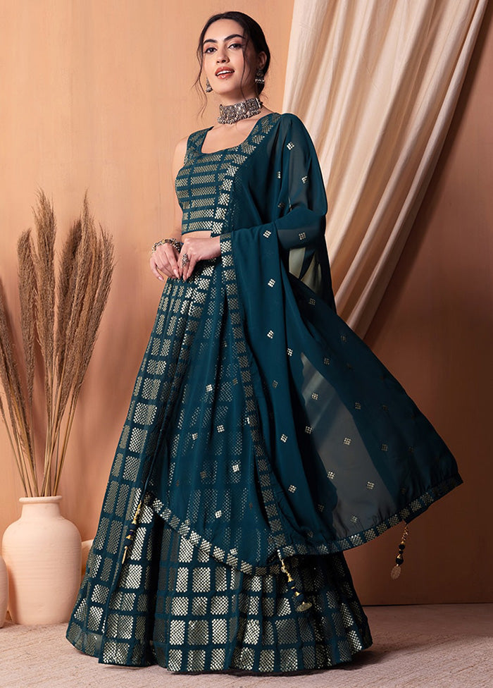 3 Pc Teal Georgette Semi Stitched Lehenga Set