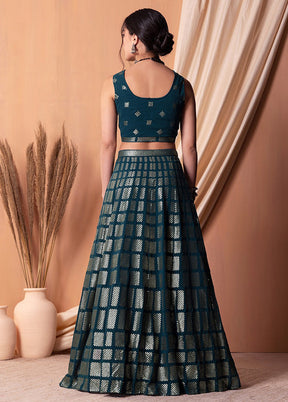 3 Pc Teal Georgette Semi Stitched Lehenga Set