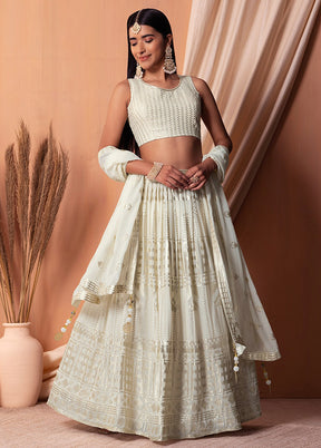 3 Pc White Georgette Semi Stitched Lehenga Set