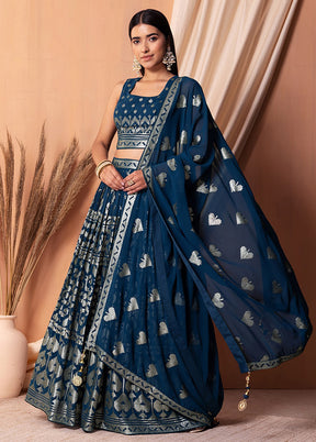 3 Pc Blue Georgette Semi Stitched Lehenga Set