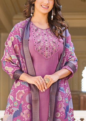 3 Pc Purple Readymade Silk Dupatta Suit Set