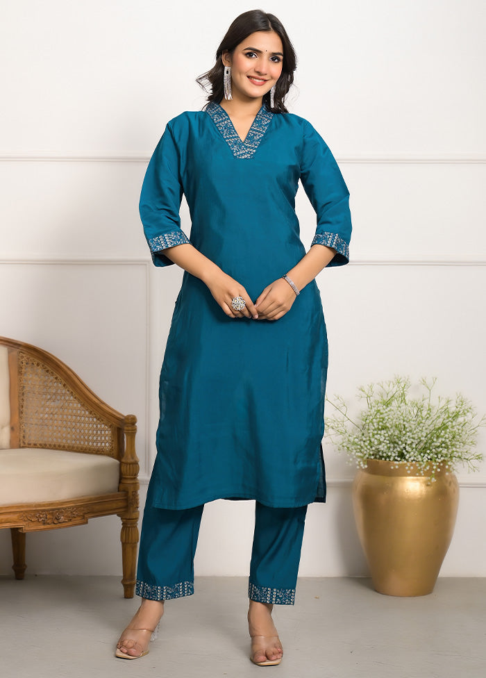 3 Pc Blue Readymade Viscose Dupatta Suit Set