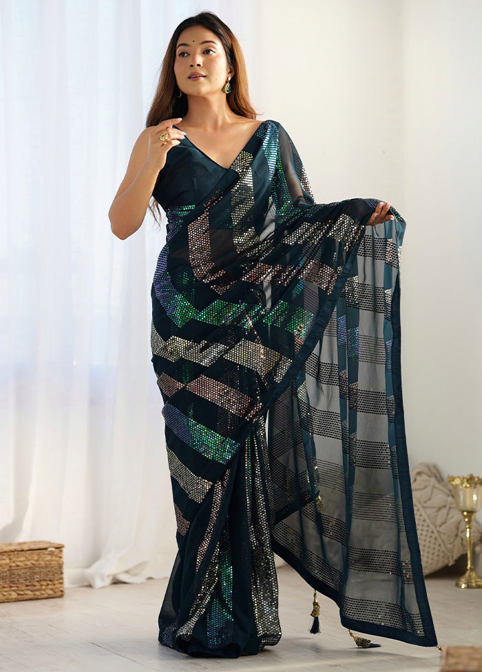 Teal Blue Georgette Saree With Blouse Piece