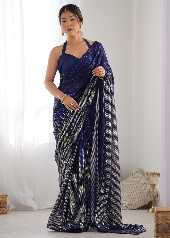 Blue Georgette Saree With Blouse Piece