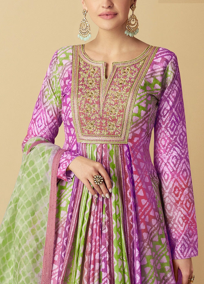 2 Pc Purple Semi Stitched Silk Kurti Set