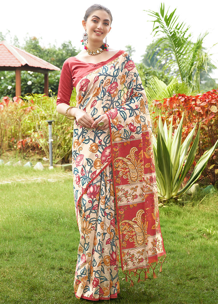 Red Tussar Silk Saree With Blouse Piece