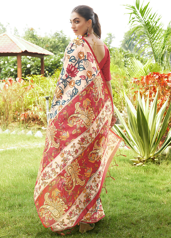 Red Tussar Silk Saree With Blouse Piece