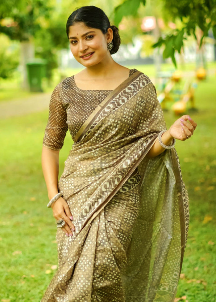 Green Cotton Saree With Blouse Piece