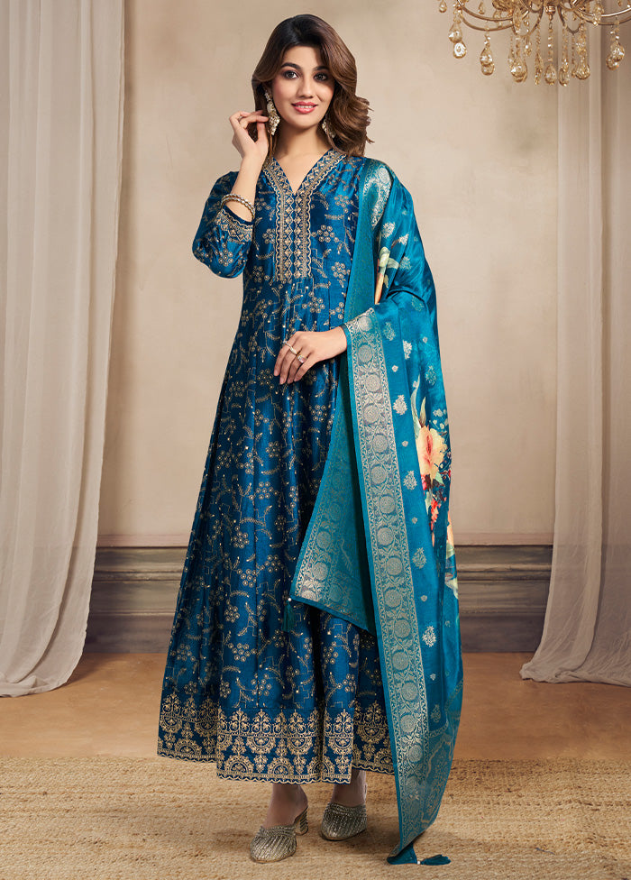 3 Pc Teal Blue Readymade Silk Dupatta Suit Set