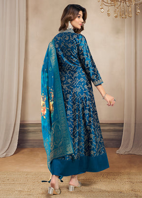 3 Pc Teal Blue Readymade Silk Dupatta Suit Set