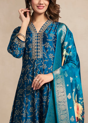 3 Pc Teal Blue Readymade Silk Dupatta Suit Set