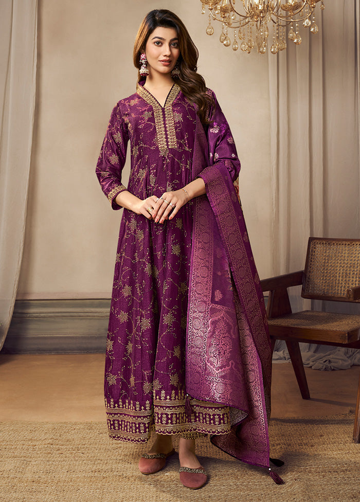 3 Pc Purple Readymade Silk Dupatta Suit Set