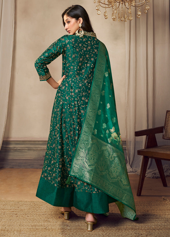 3 Pc Green Readymade Silk Dupatta Suit Set