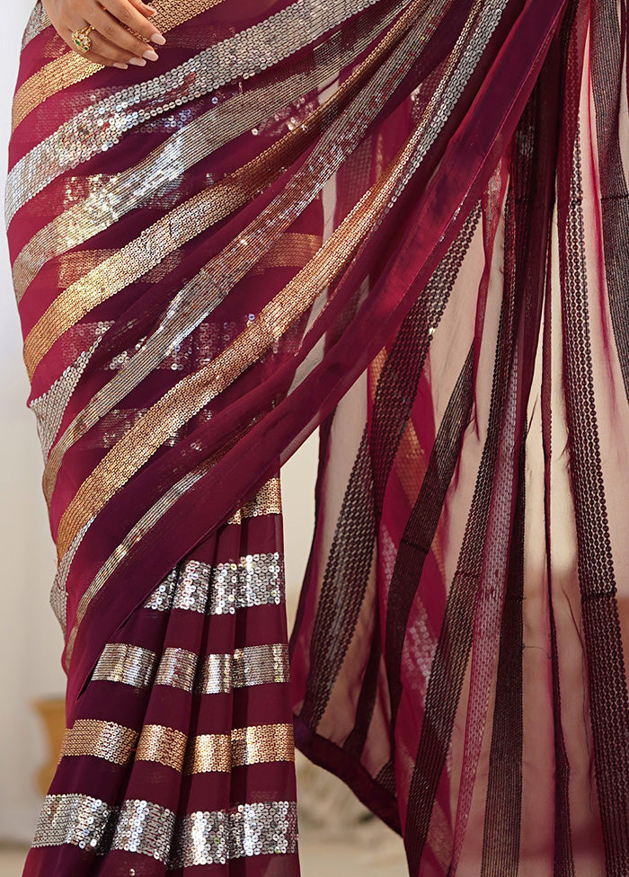 Wine Georgette Saree With Blouse Piece