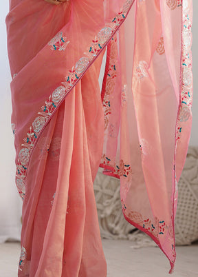 Peach Net Net Saree With Blouse Piece