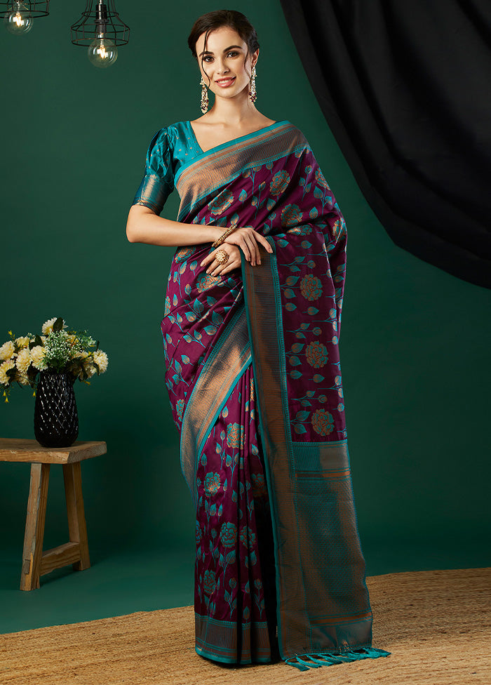 Wine Banarasi Silk Saree With Blouse Piece