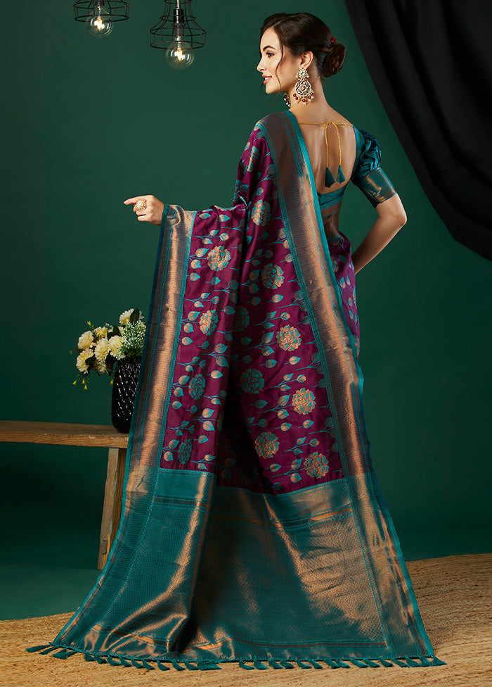 Wine Banarasi Silk Saree With Blouse Piece