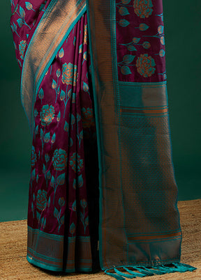 Wine Banarasi Silk Saree With Blouse Piece