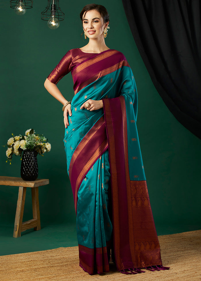 Aqua Banarasi Silk Saree With Blouse Piece