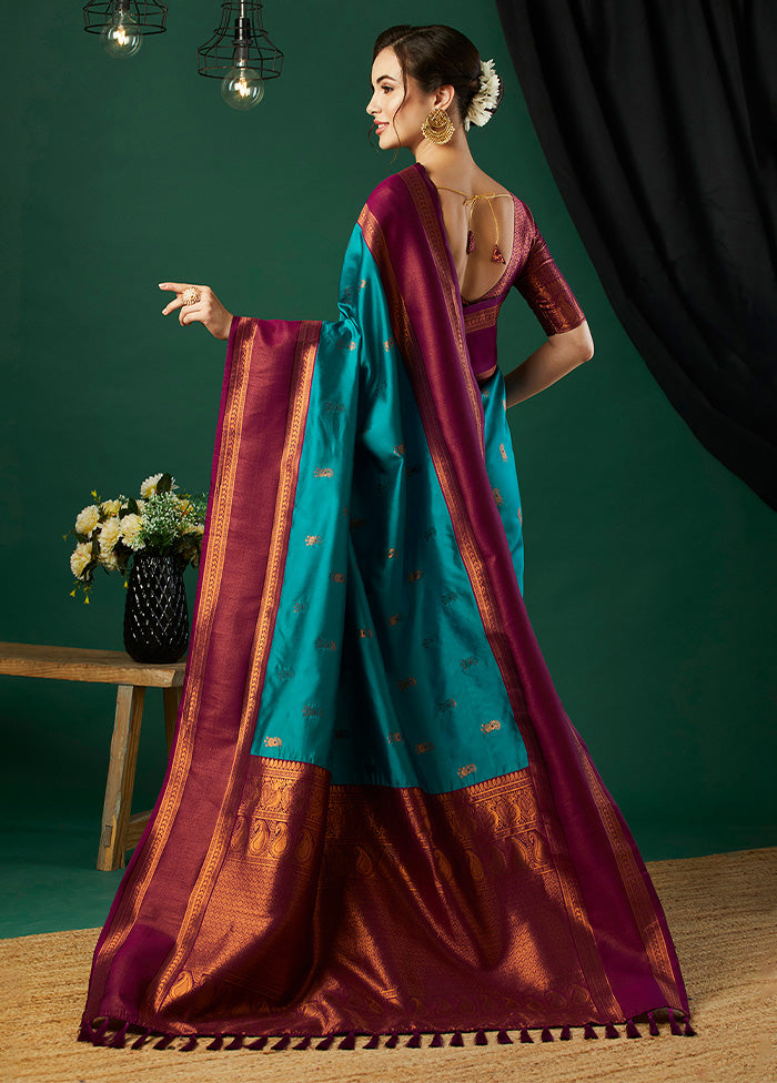 Aqua Banarasi Silk Saree With Blouse Piece