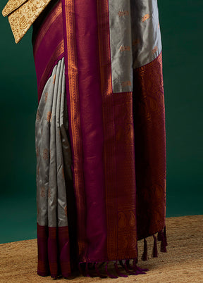 Grey Banarasi Silk Saree With Blouse Piece