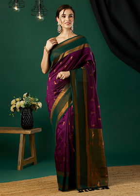 Wine Banarasi Silk Saree With Blouse Piece