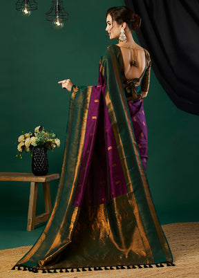 Wine Banarasi Silk Saree With Blouse Piece